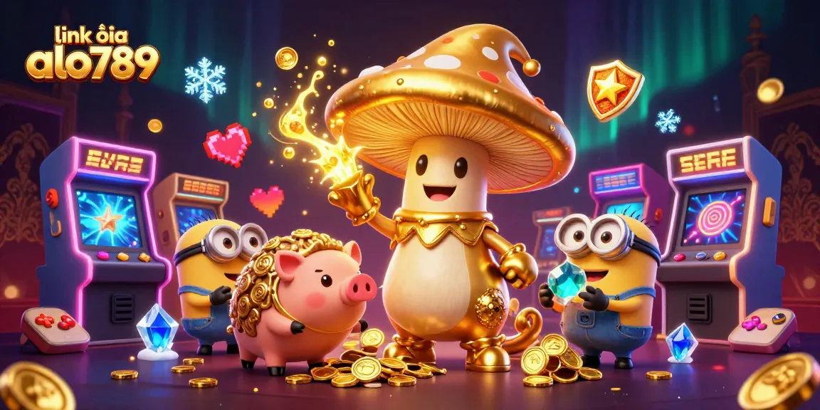 Experience the excitement of link vào alo789 with a magical illustration featuring a golden mushroom wizard and treasure-hunting companions.