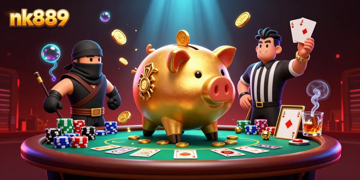 Join the excitement of nk889 with a golden piggy bank sumo wrestler, wallet-ninja, and credit-card samurai in a dynamic casino scene.