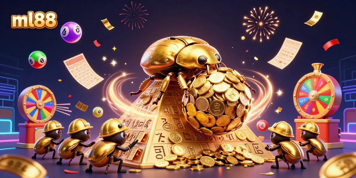 Engage in winning casino adventures with ml88 as golden beetles roll coins under festive lights.
