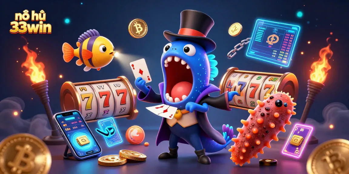 Nổ hũ 33win showcases a stunning 3D scene with playful sea creatures engaging in magic tricks and depicting vibrant slot elements.