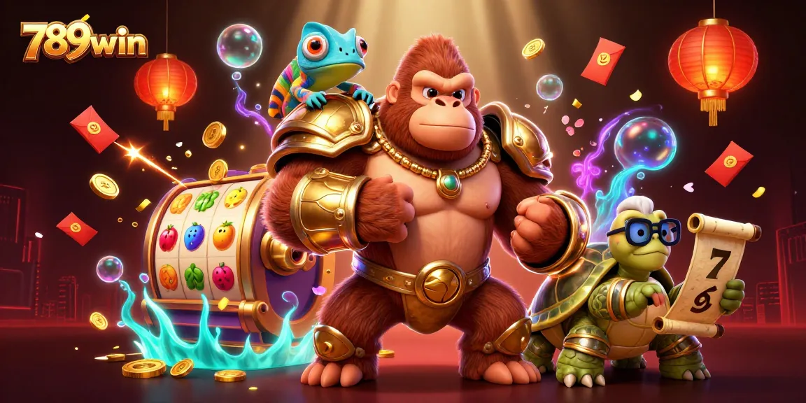 Experience thrilling games at 789wiin, featuring dynamic action with colorful slot reels and vibrant characters.