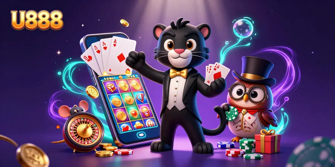 U888 offers a lively casino experience with a tuxedo panther dealing cards surrounded by vibrant game elements.