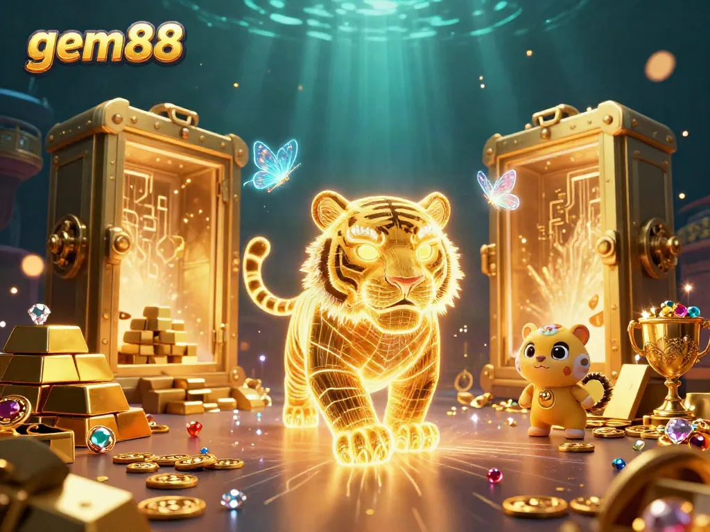 Experience the thrill of gem88 with a golden tiger and dazzling jewels in an immersive casino scene.
