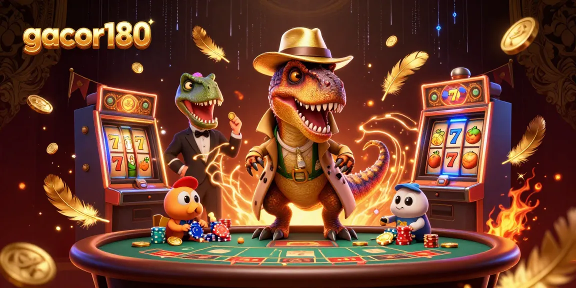 Ekspresikan keseruan gacor180 saat velociraptor berjudi dengan chips dan pit boss memperhatikan