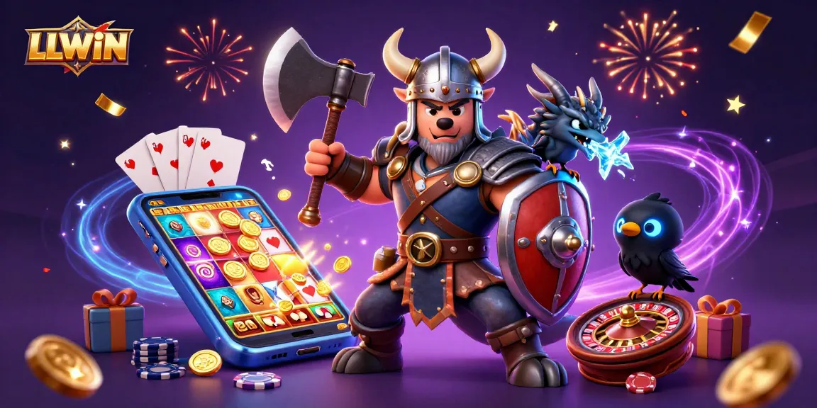 Experience thrilling gameplay with LLWIN in this vibrant gaming illustration featuring a Viking warrior and playful dragon.