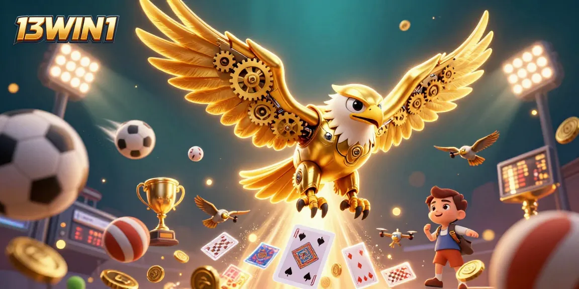 Catching winning moments with 13WIN1 in a vibrant 3D casino scene featuring a golden eagle, sports elements, and exciting action.