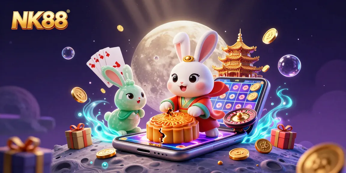 Experience the excitement of NK88 as the moon rabbit reveals poker chips from mooncakes among vibrant casino elements.