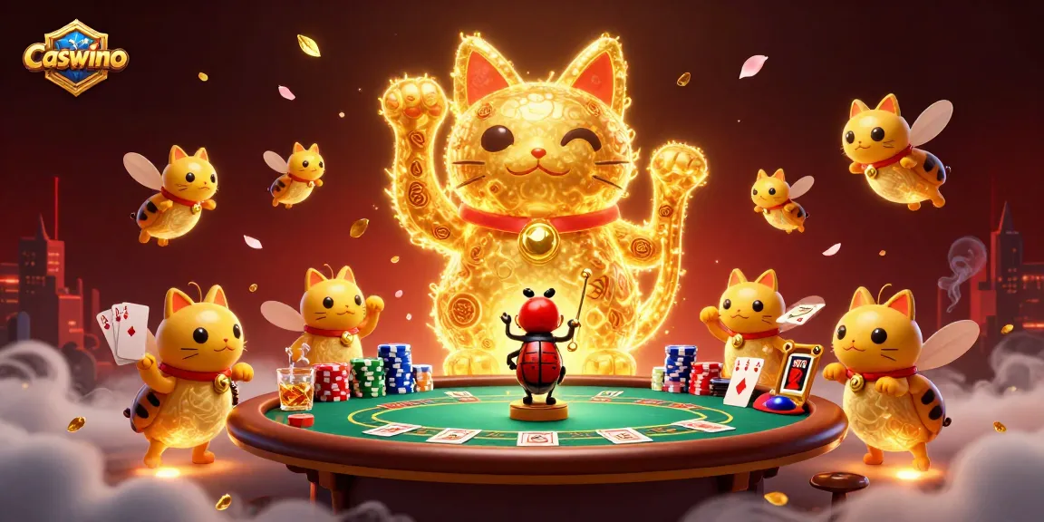 Experience Caswino's vibrant casino atmosphere with a golden lucky cat, poker elements, and alluring decorations.
