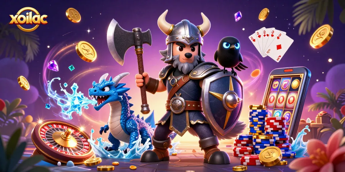 Xoilac enhances gaming with a Viking warrior, dragon, and casino elements for thrilling experiences.