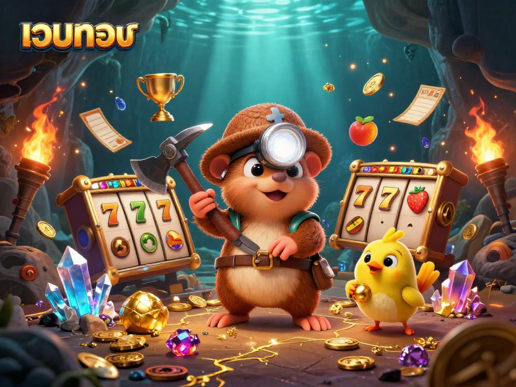 Experience the excitement of เว็บตรง with a vibrant treasure hunt scene featuring a mole and canary in a mine filled with gold and gems.