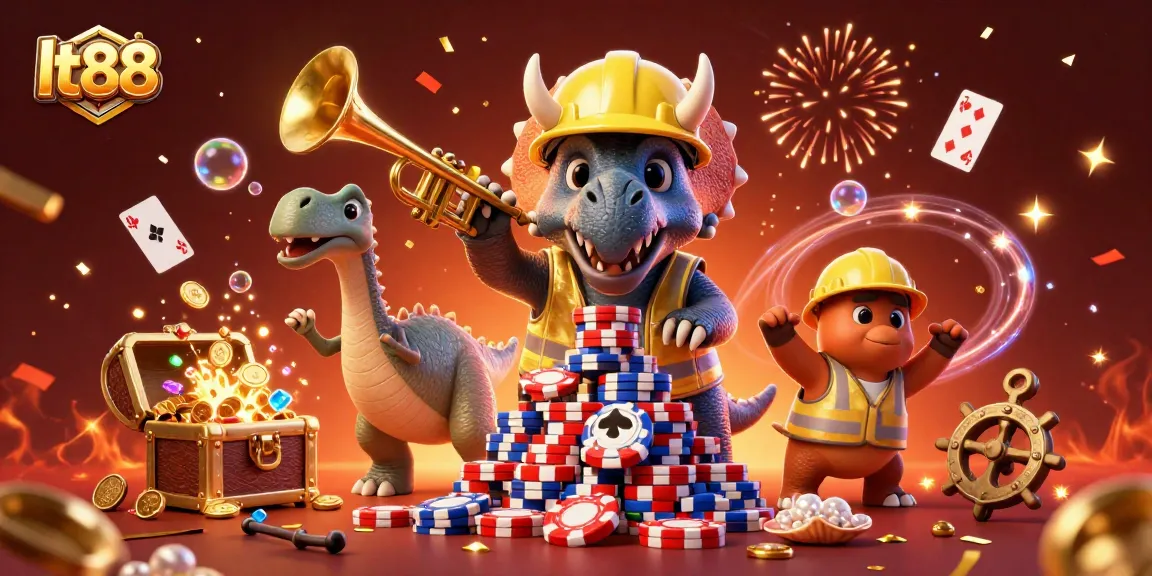 Play games with lt88 while a triceratops and friends celebrate a poker chip pyramid.