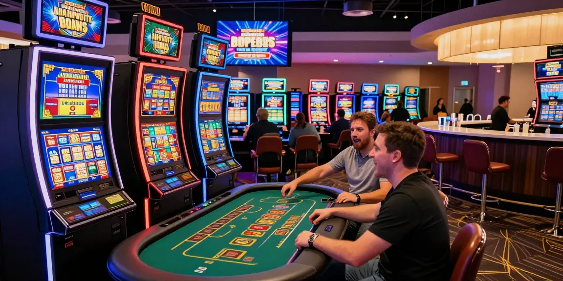 Exciting scene at credit card casinos with colorful slot machines, lively players, and vibrant promotions.