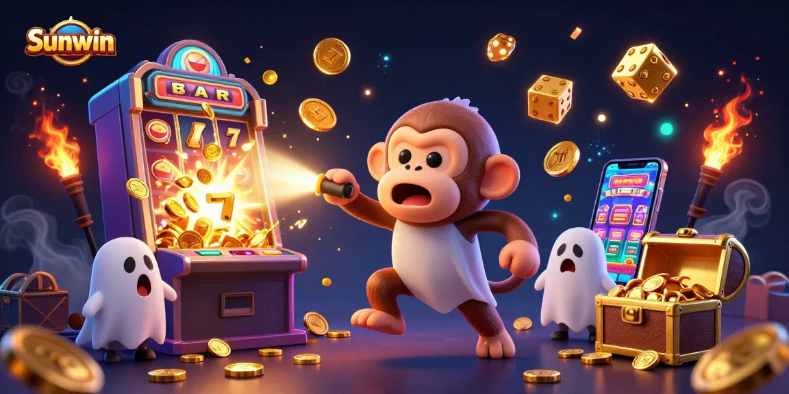 Experience thrilling gameplay at Sunwin casino with a dynamic scene of a mischievous poltergeist monkey and ghost-hunter puppy.