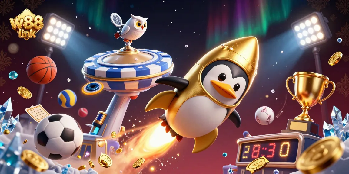 Engage with the vibrant world of betting via the w88 link, showcasing a dynamic 3D penguin and sports elements.