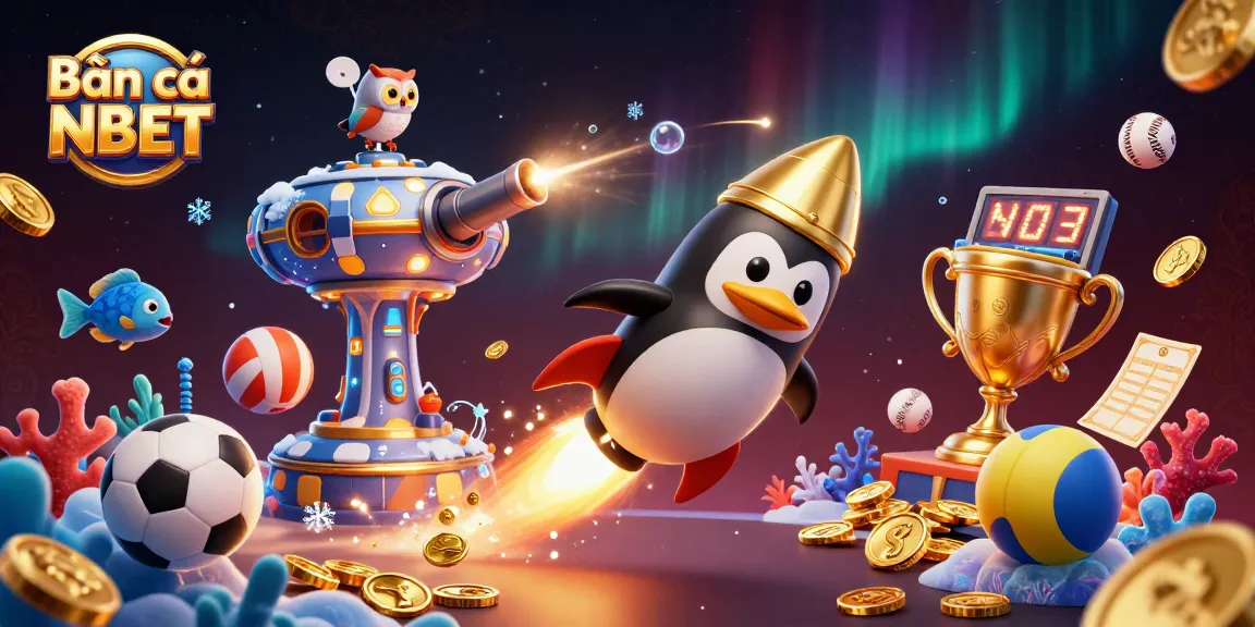 Bắn cá NBET fish shooting game illustration with 3D penguin and underwater elements