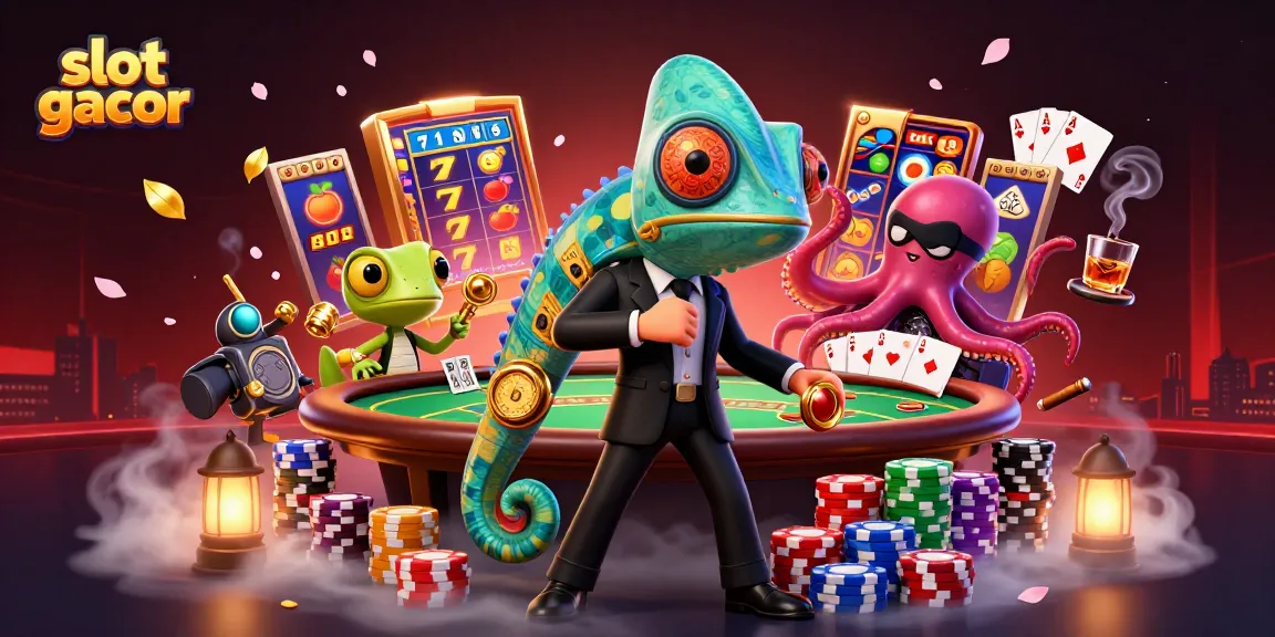 Experience thrilling slot gacor action as a colorful chameleon, tech-gecko, and villainous octopus engage on a vibrant casino scene.