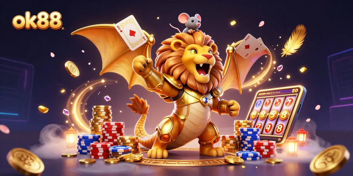 Engage with ok88's vibrant casino scene featuring a triumphant chimera and dynamic gambling elements.