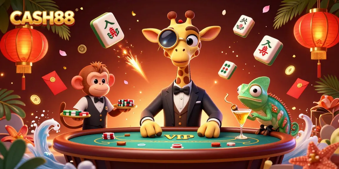 CASH88 showcases a high-roller giraffe in a suit and a lively casino scene filled with vibrant elements.
