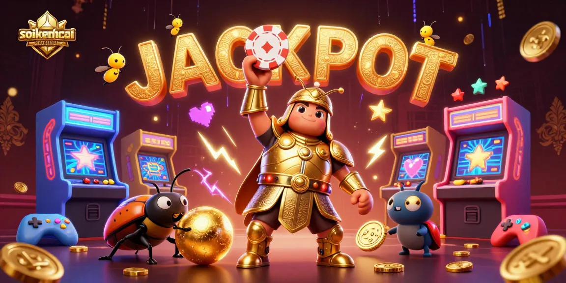 Celebrate wins with soikeonhacai in a vibrant 3D casino scene featuring a heroic beetle and glowing arcade elements.