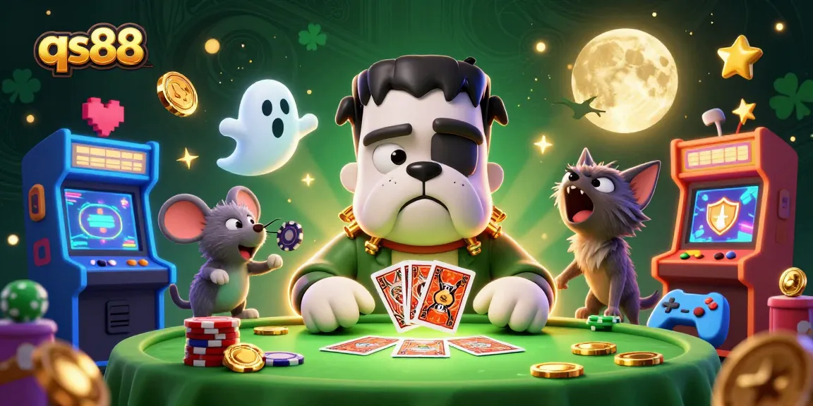 Experience the thrill of qs88 with a whimsical casino scene featuring characters and vibrant gaming elements.