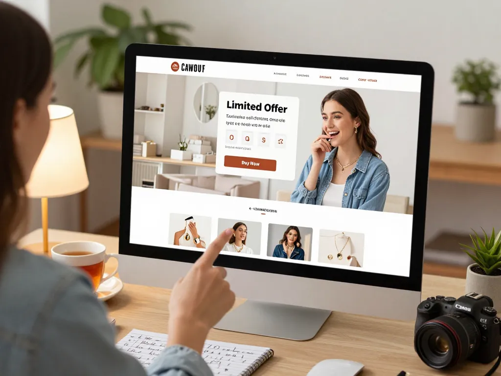 Engaging shopper exploring a one-time offer on a stylish e-commerce jewelry website.