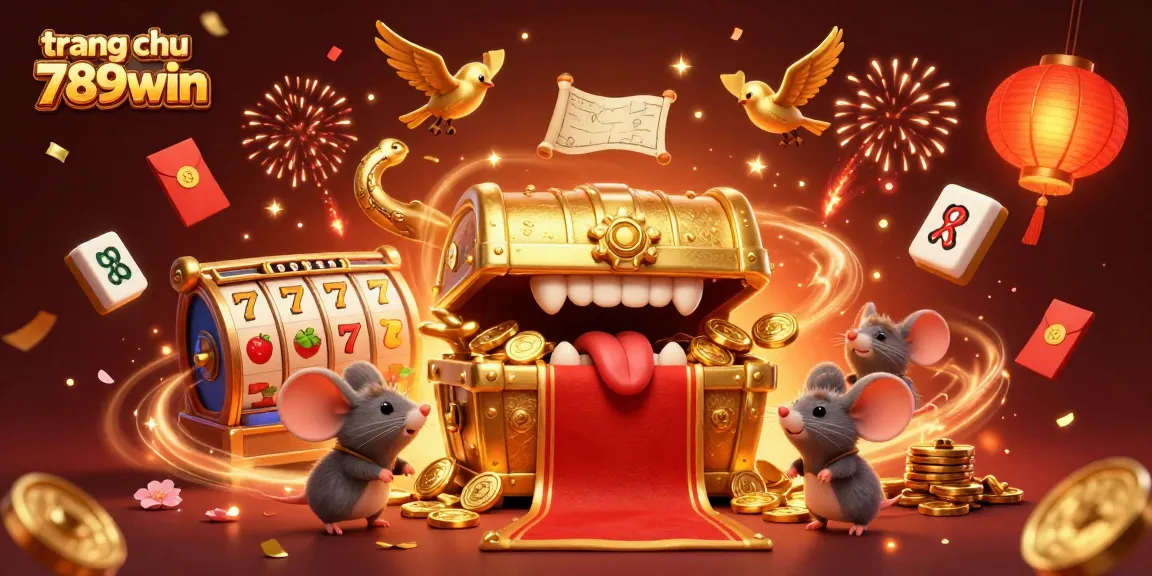 Exciting scene capturing the essence of trang chu 789win with a treasure chest and dynamic casino elements.
