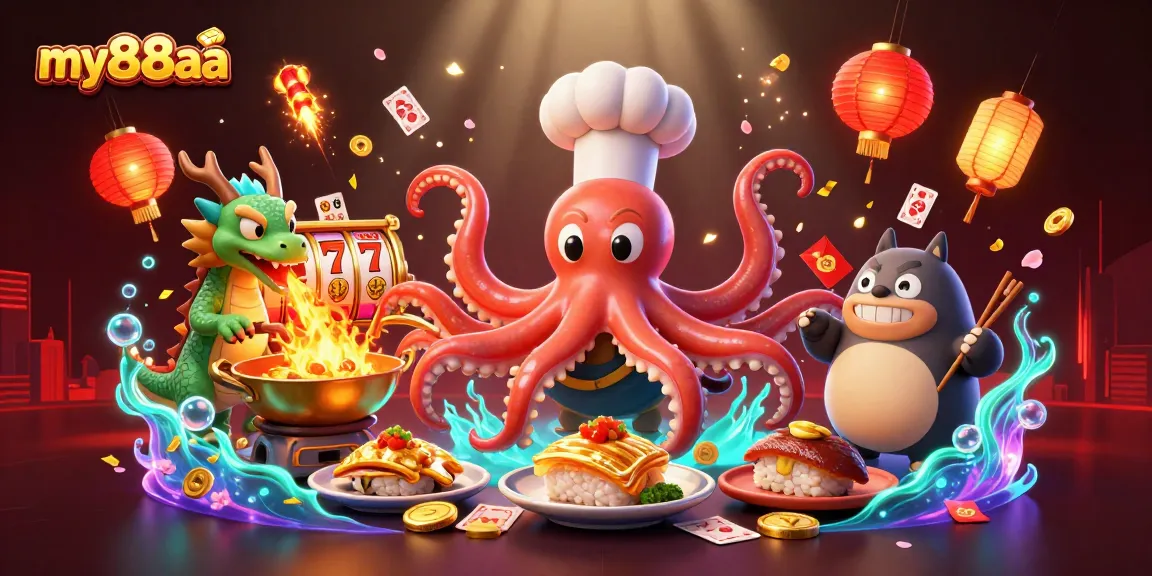 Experience the thrill of my88aa with a vibrant 3D casino scene showcasing cartoon characters and gaming elements.