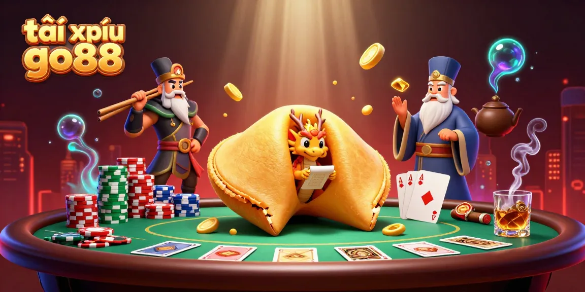 Engage with tài xỉu go88 through a vibrant illustration featuring a golden fortune cookie, a wise dragon, and surrounded by poker elements.