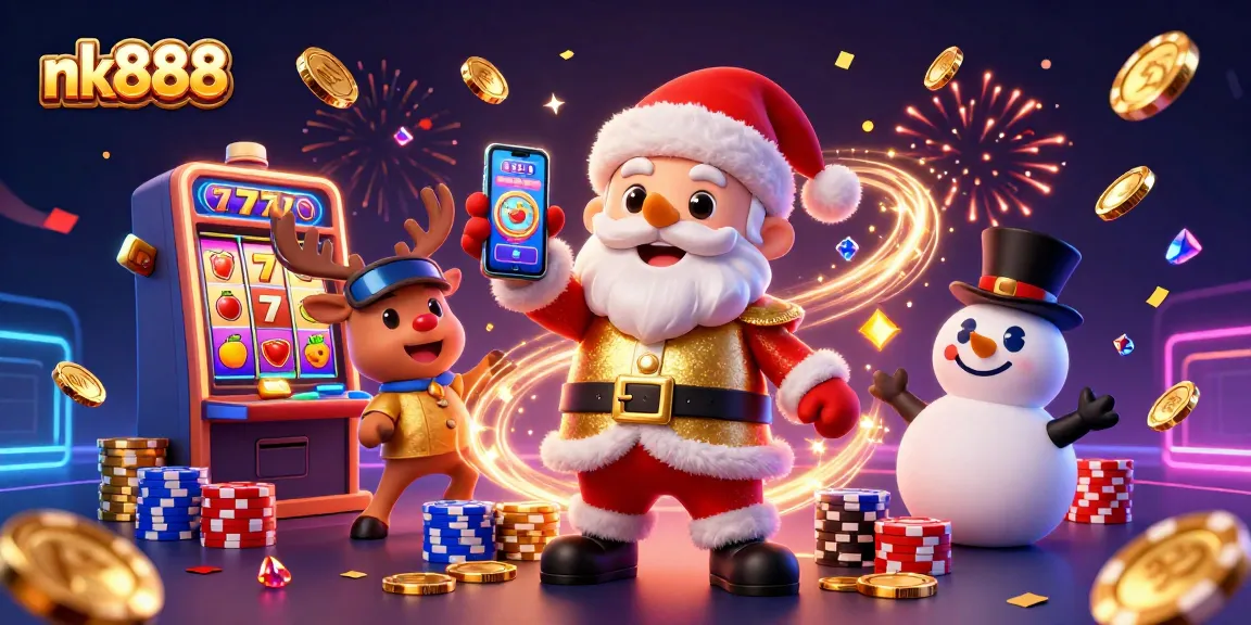 Experience nk888's exciting slots with Santa and friends in a vibrant casino scene.