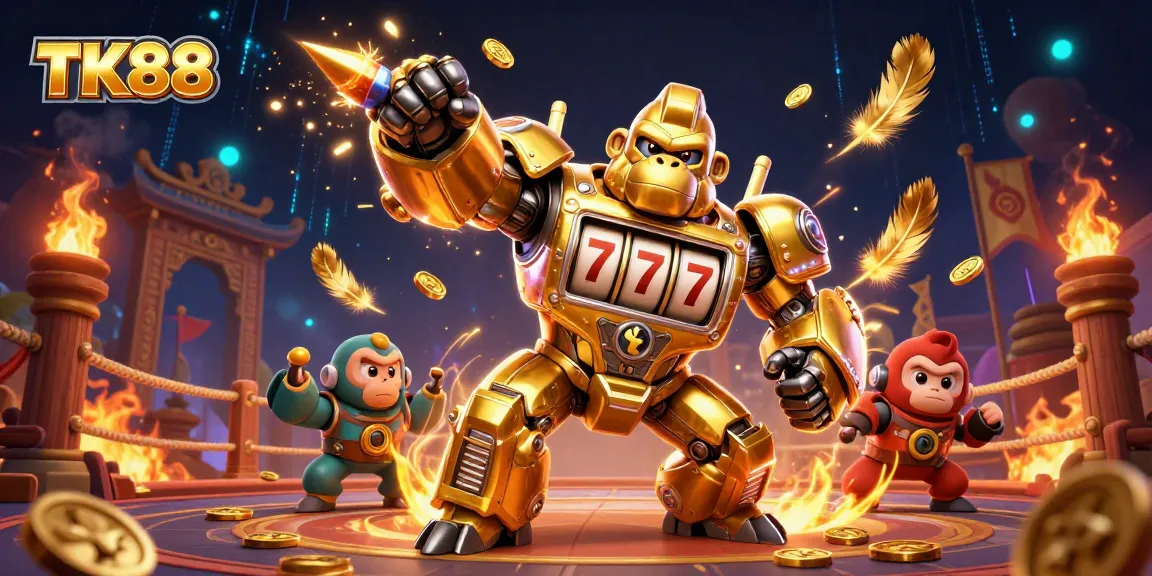 Experience the excitement of TK88 with a thrilling 3D illustration featuring a golden gorilla mech and dynamic casino elements.