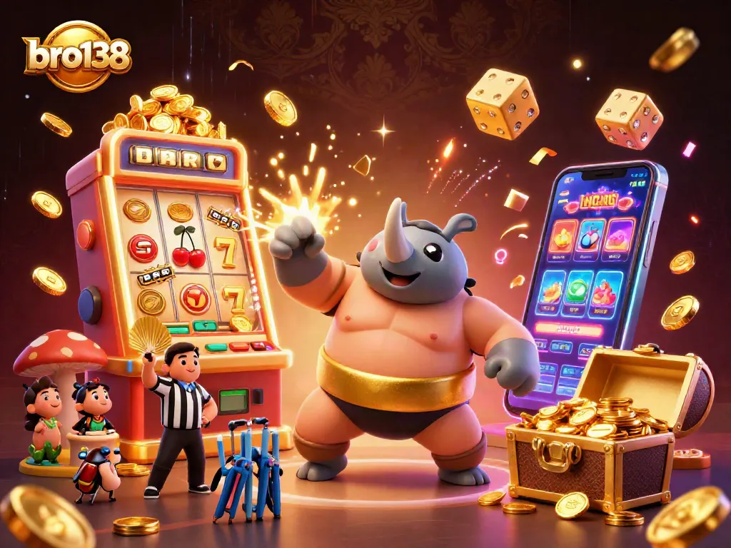 Spin and win at bro138 while experiencing a thrilling 3D casino illustration with vibrant gambling elements.