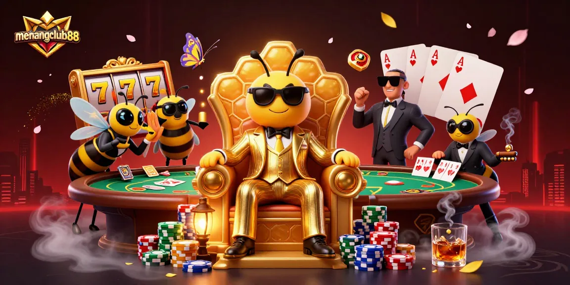 Experience excitement with menangclub88 slot reels and 3D characters in a vibrant casino scene.