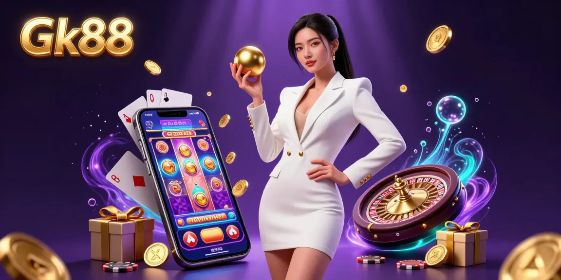 Engage with Gk88's thrilling casino experience featuring a confident Asian woman holding a roulette ball in a vibrant digital illustration.
