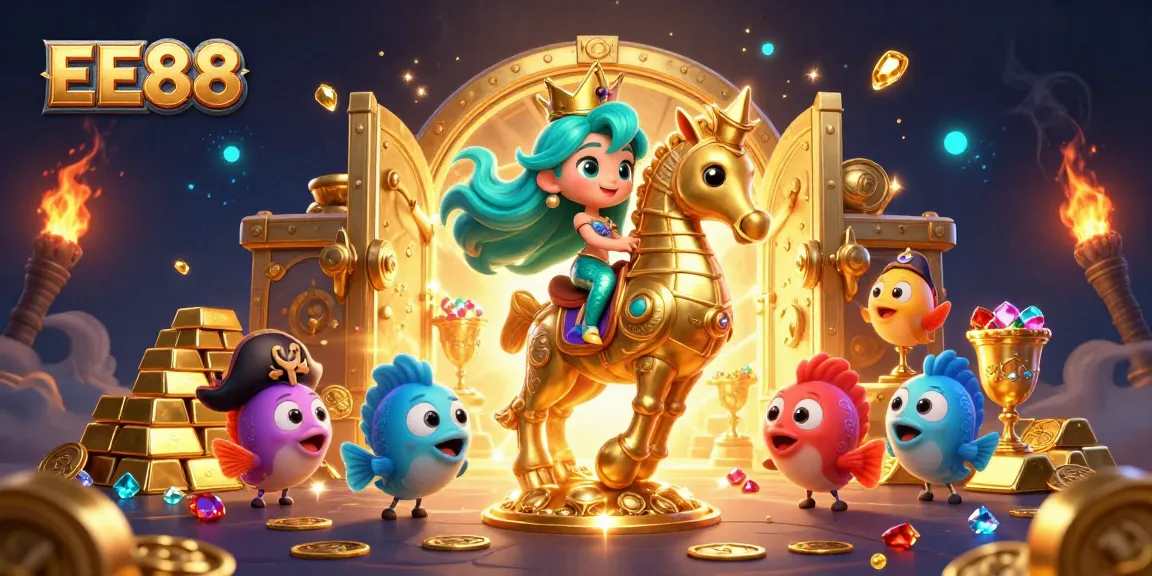 Experience exciting gaming adventures with EE88 in this dynamic, colorful casino illustration.