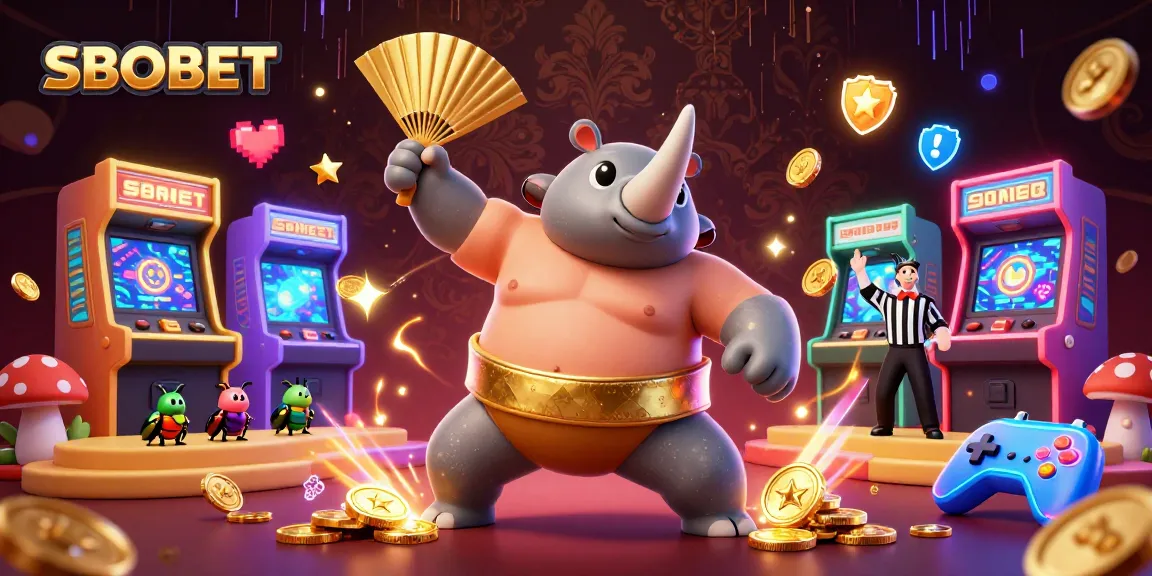 SBOBET features a sumo champion beetle and cricket referee in a vibrant casino scene with flying coins and game elements.