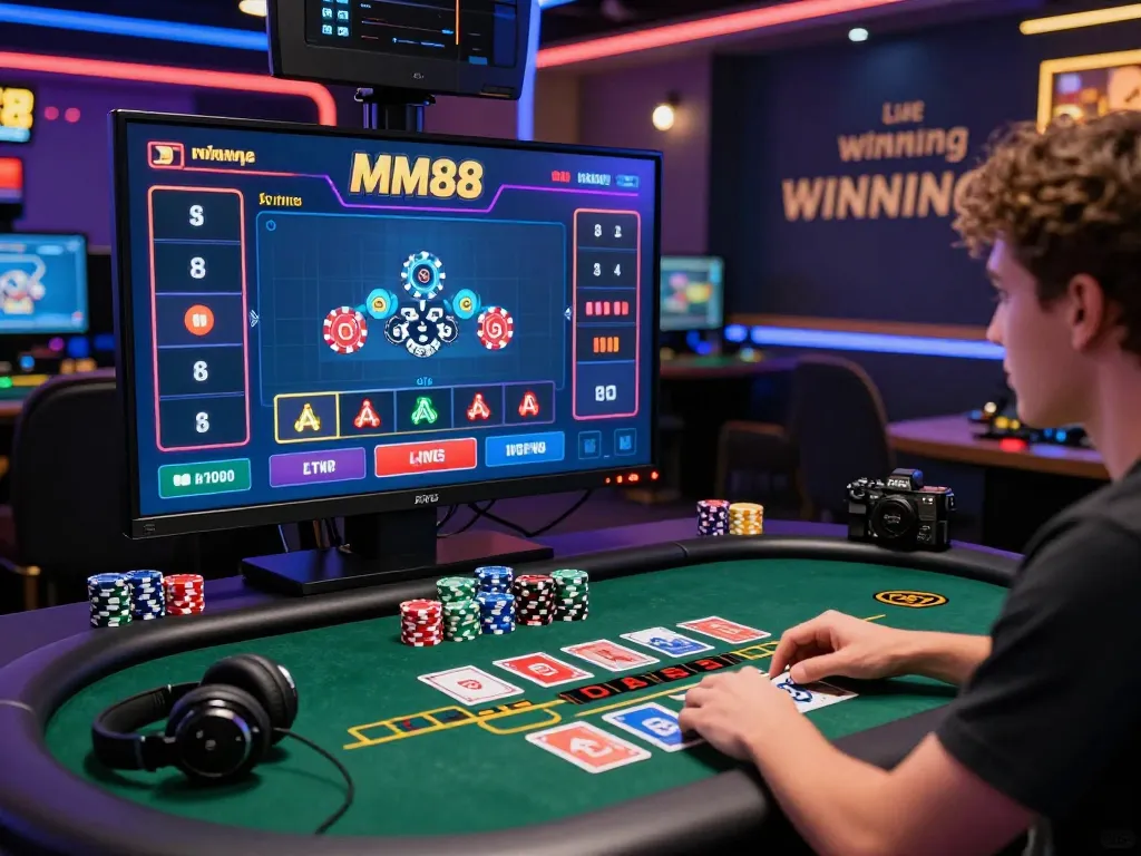 Engaging online gambling scene with MM88, player immersed in live casino gaming.