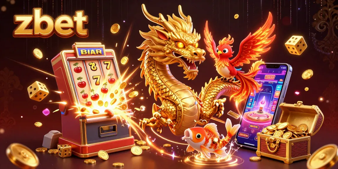 Engage with zbet's exhilarating gaming world showcased with dragons, coins, and slot machines.