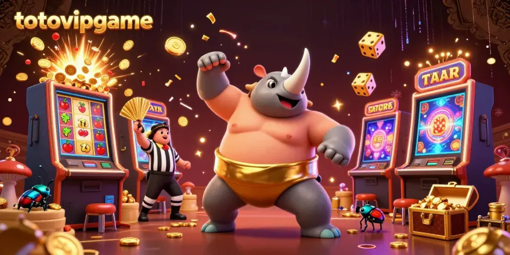 Watch the totovipgame rhinoceros beetle sumo champion stomp coins while surrounded by thrilling casino elements.