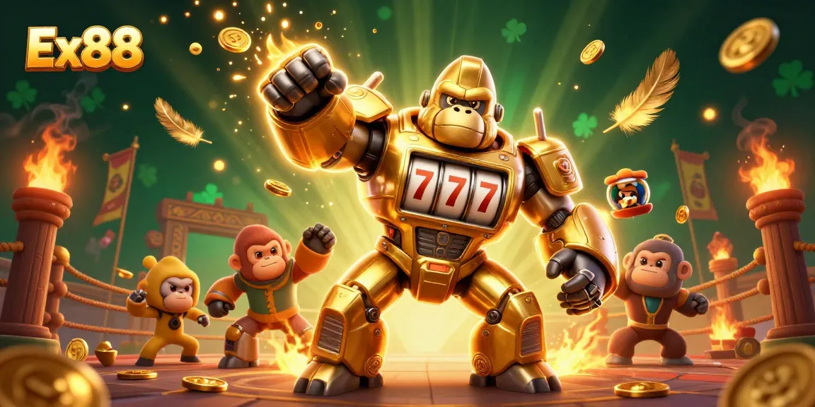 Ex88 showcases thrilling gameplay with a golden gorilla mech and sparkling coins in action.