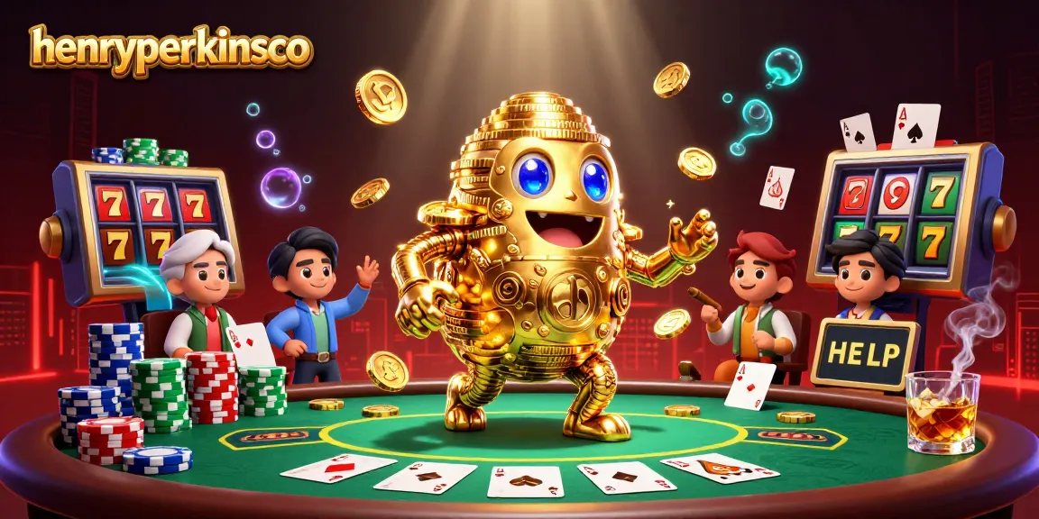 Engage in thrilling gaming moments at henryperkinsco, showcasing a vibrant casino scene with dynamic slot symbols and poker action.