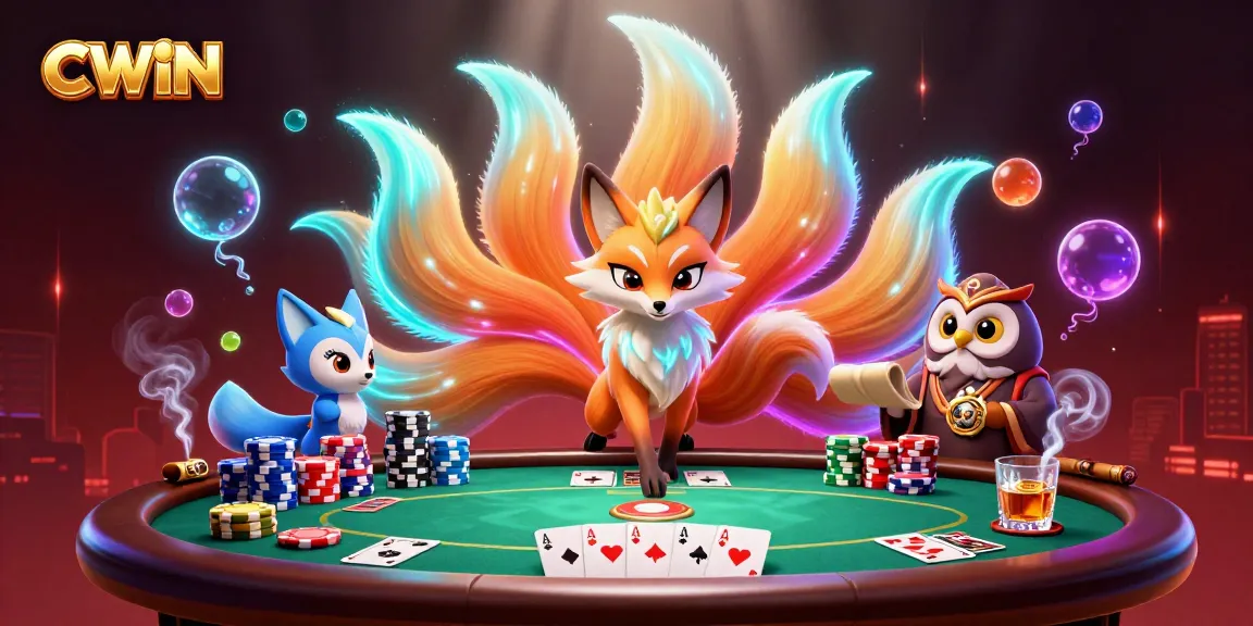 CWIN engages players at a vibrant casino scene with a nine-tailed fox spirit, poker chips, and colorful spirit orbs.
