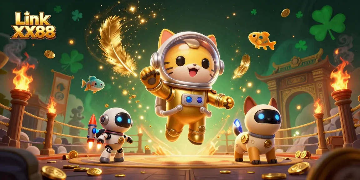 Engage with thrilling gameplay at Link XX88, featuring an astronaut cat and robot dog in a vibrant, action-packed 3D scene.
