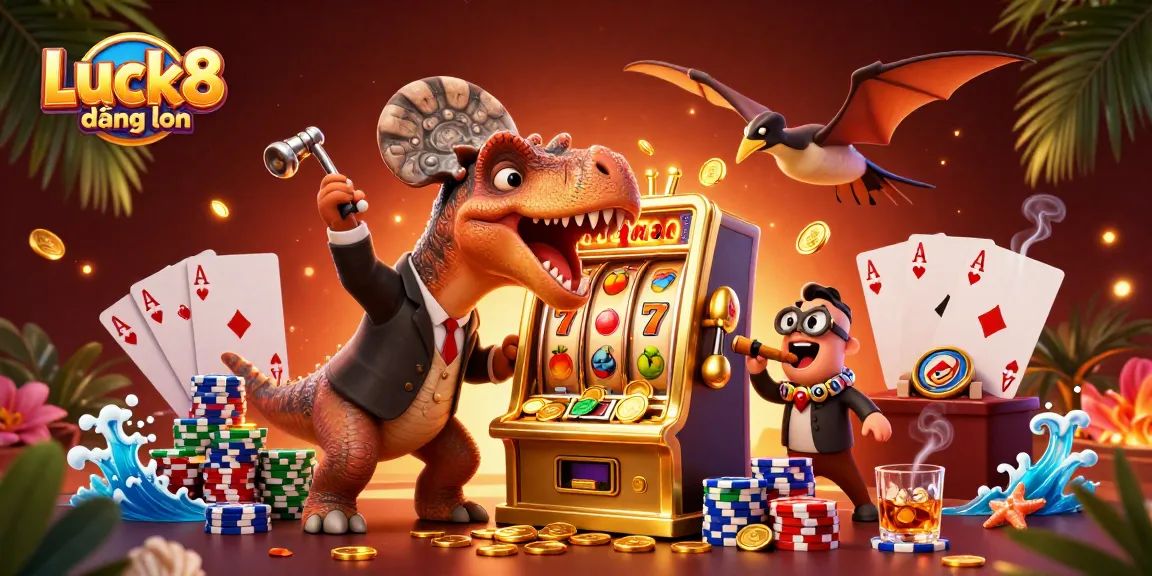 Luck8 đăng nhập scene with dinosaurs at a casino, showcasing vibrant slot machines and poker elements.