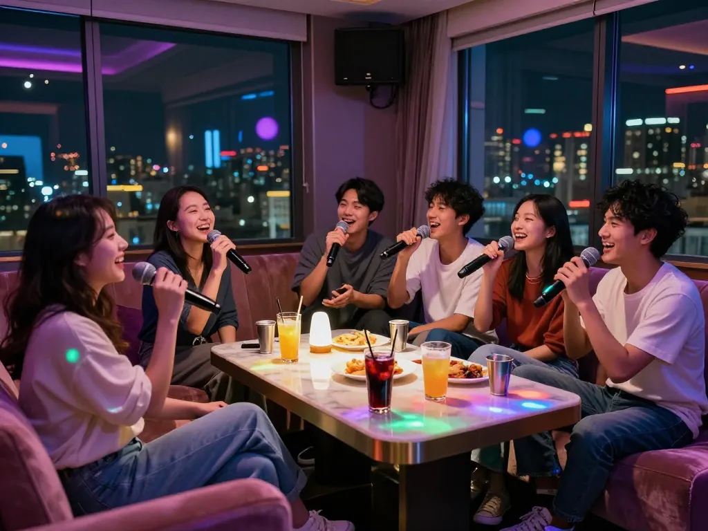 활기차고 고급스러운 장소에서 친구들과 함께 https://www.3no.org/에서 노래방을 즐기는 모습.
