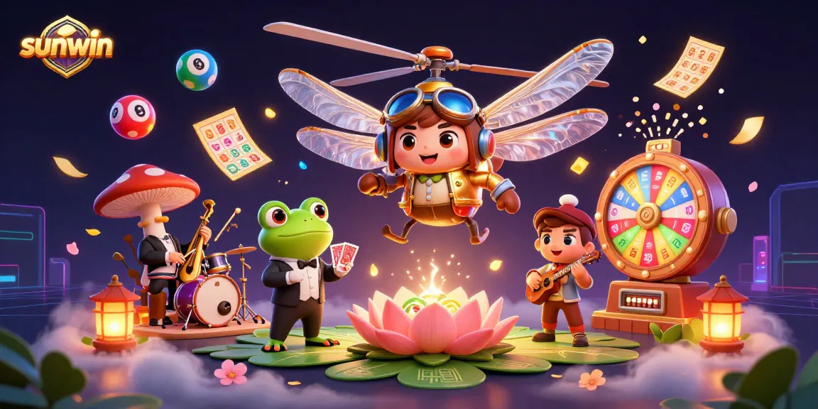Experience the excitement at sunwin with a vibrant 3D casino scene featuring a dragonfly pilot, frog croupier, and jazz musicians.