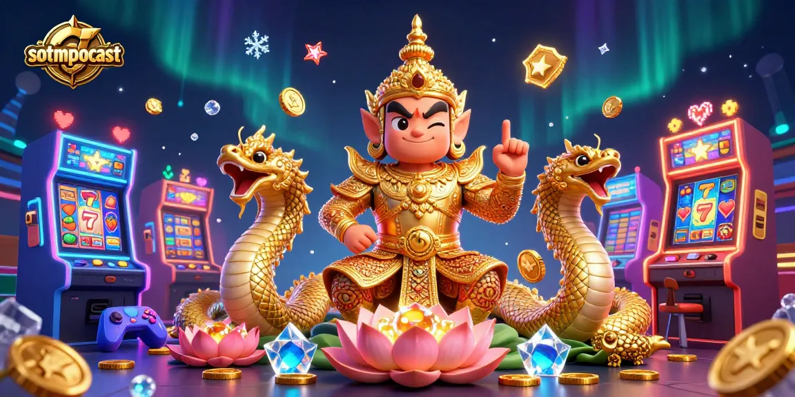 Ilustrasi 3D saudara game slot bertema dengan sotmpodcast, penjaga kuil Thailand, naga, dan elemen kasino lainnya.