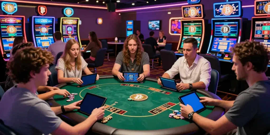 Engaged players enjoying vibrant games in a modern Bitcoin casino ambiance.