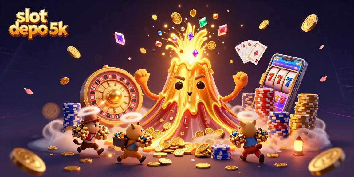 Engage with the thrilling world of slot depo 5k showcasing a golden volcano erupting treasure