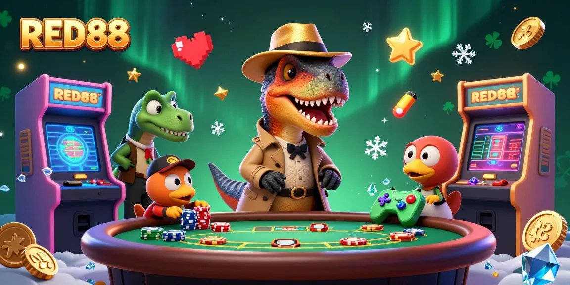 Experience excitement at RED88 with a velociraptor card counter in an animated casino scene.