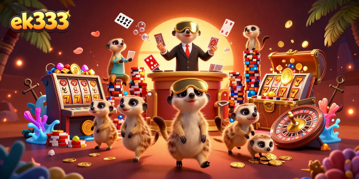 ek333 meerkats running a vibrant casino operation, featuring slots, roulette, and underwater treasures.